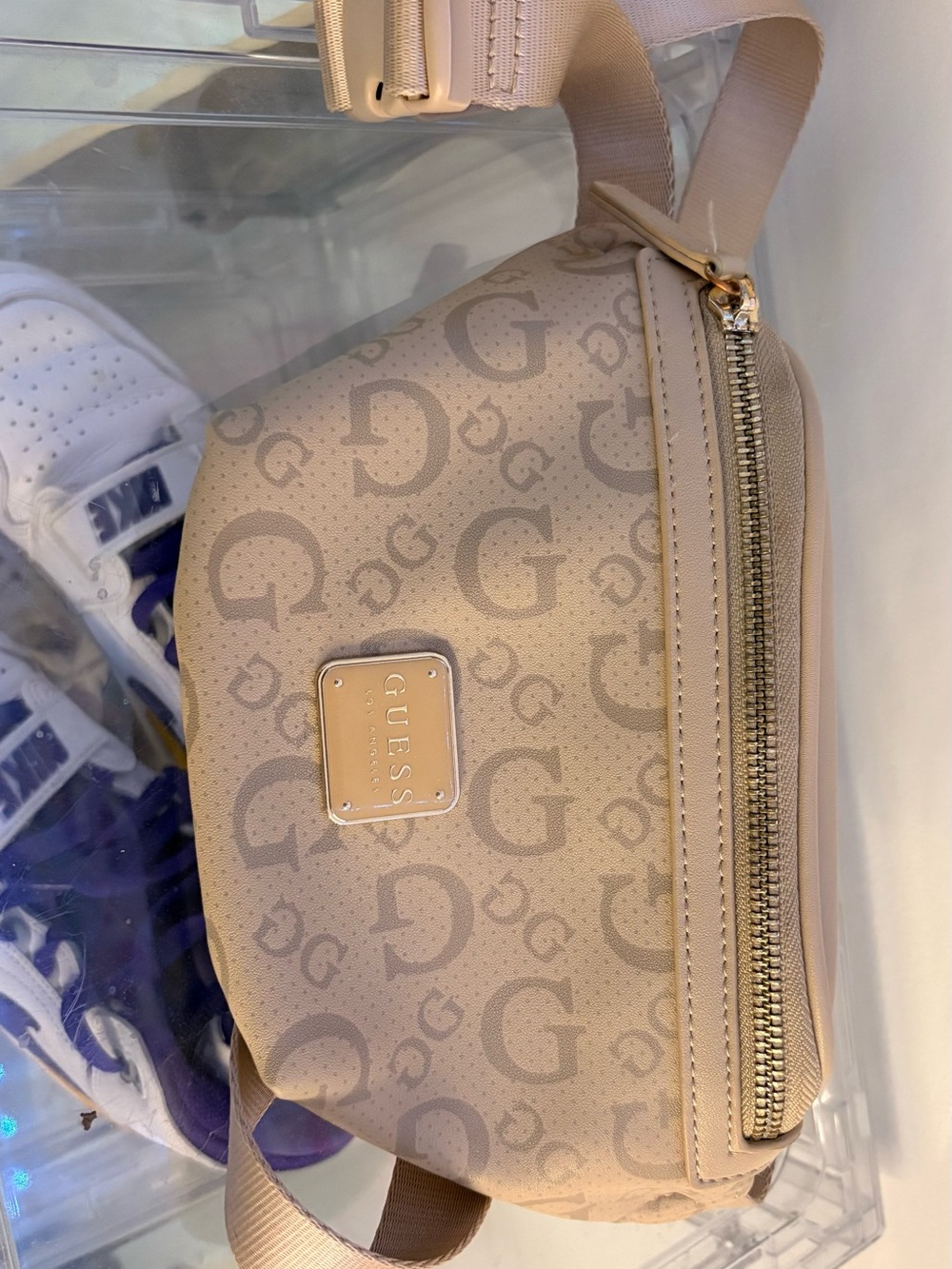 GUESS Tan Logo Crossbody Belt Bag with Gold Hardware